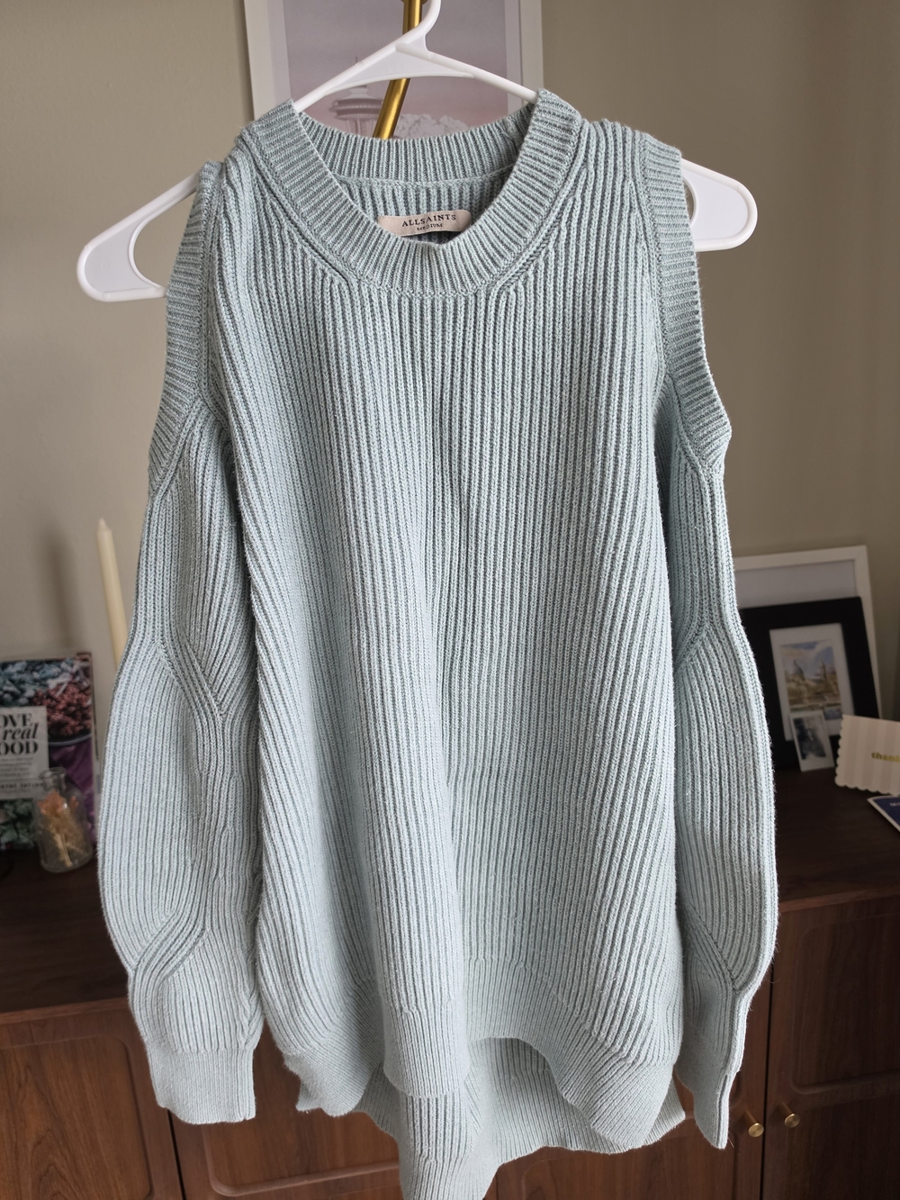 All Saints Women's Light Mint Cold-Shoulder Ribbed Sweater